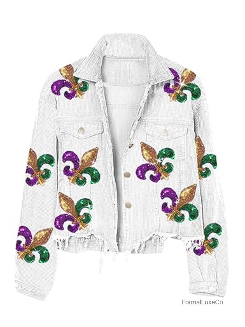 Women's Sequin Embroidery Cropped Frayed Hem Vintage Washed Corduroy Jacket
